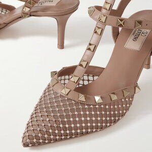 Valentino Rockstud 65 Crystal Mesh Leather Ankle strap Pumps Sandal